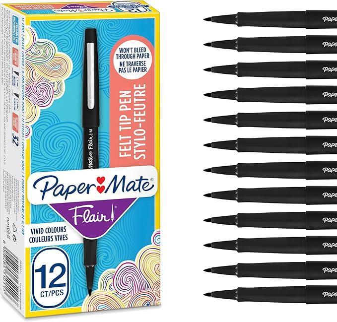 Paper Mate Nylon Flair 12 pz penna Nero Punta in Feltro M Tratto 0,7 mm