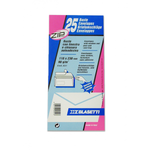 551 buste con finestra con chiusura autoadesiva zip dimensioni 11x23 cm 90gr/mq in confezione da 25 pz