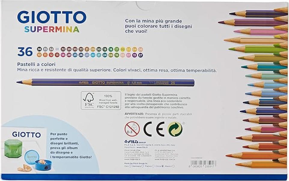 giotto giotto supermina pastelli colorati in astuccio da 36 pz. colori assortiti, diametro mina di 3,8 mm - foto 2