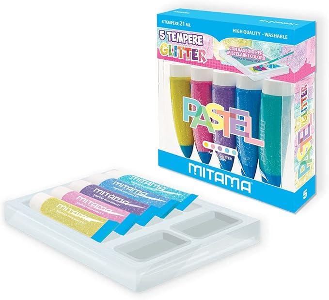 mitama mitama tempera glitter blister 5 tubi da 21 ml in 5 colori pastel assortiti - foto 1