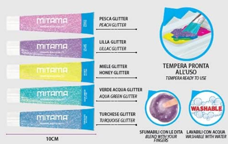 mitama mitama tempera glitter blister 5 tubi da 21 ml in 5 colori pastel assortiti - foto 2