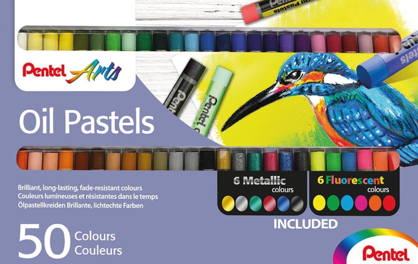 pentel pentel set da 50 pastelli a olio 38 colorati 6 metal 6 fluo pentel arts - foto 1