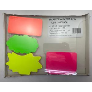 Segnaprezzo cartoncino 200 pz cartellini forme e colori fluo assortiti 50pz per tipo