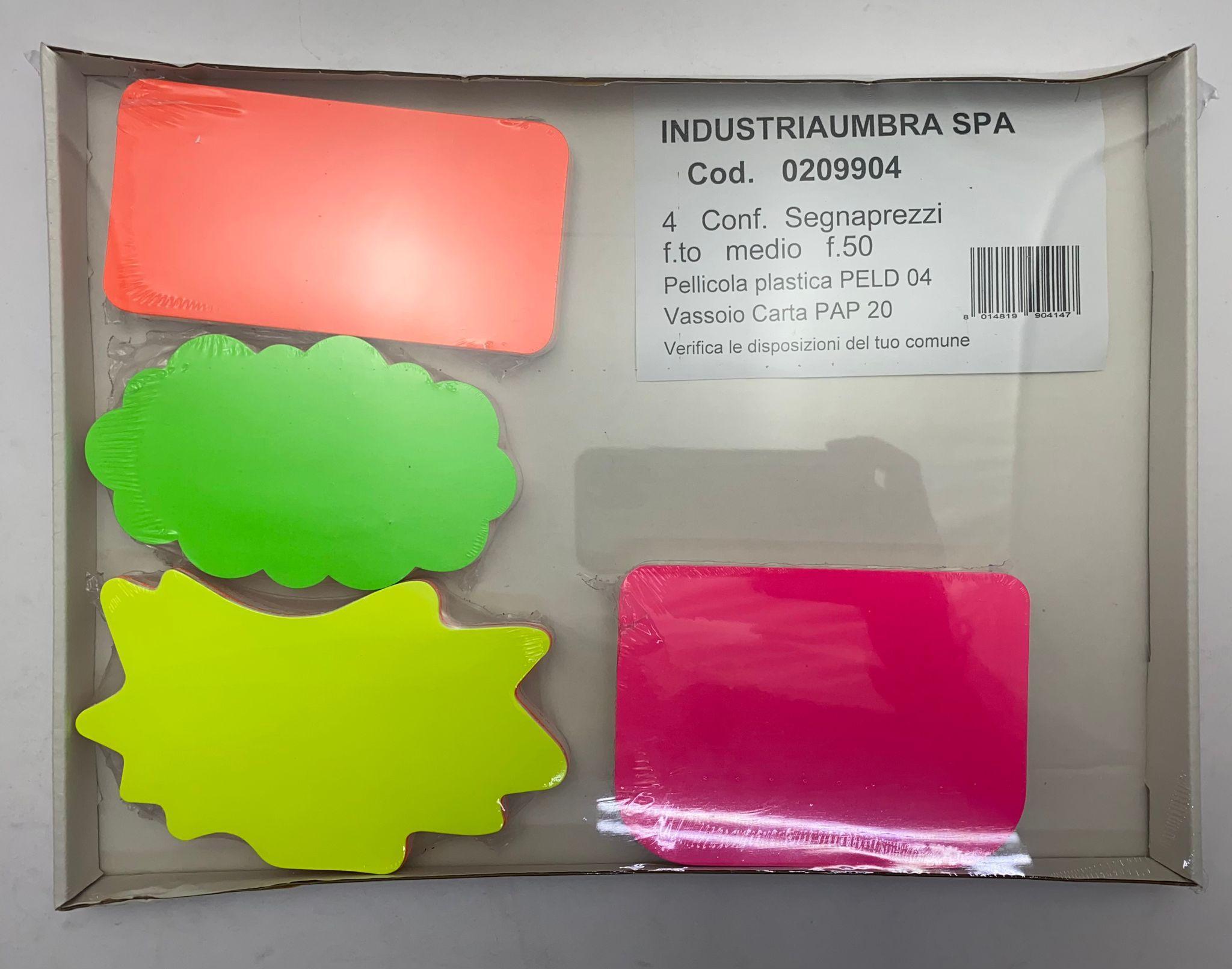 industria umbra segnaprezzo cartoncino 200 pz cartellini forme e colori fluo assortiti 50pz per tipo - foto 1