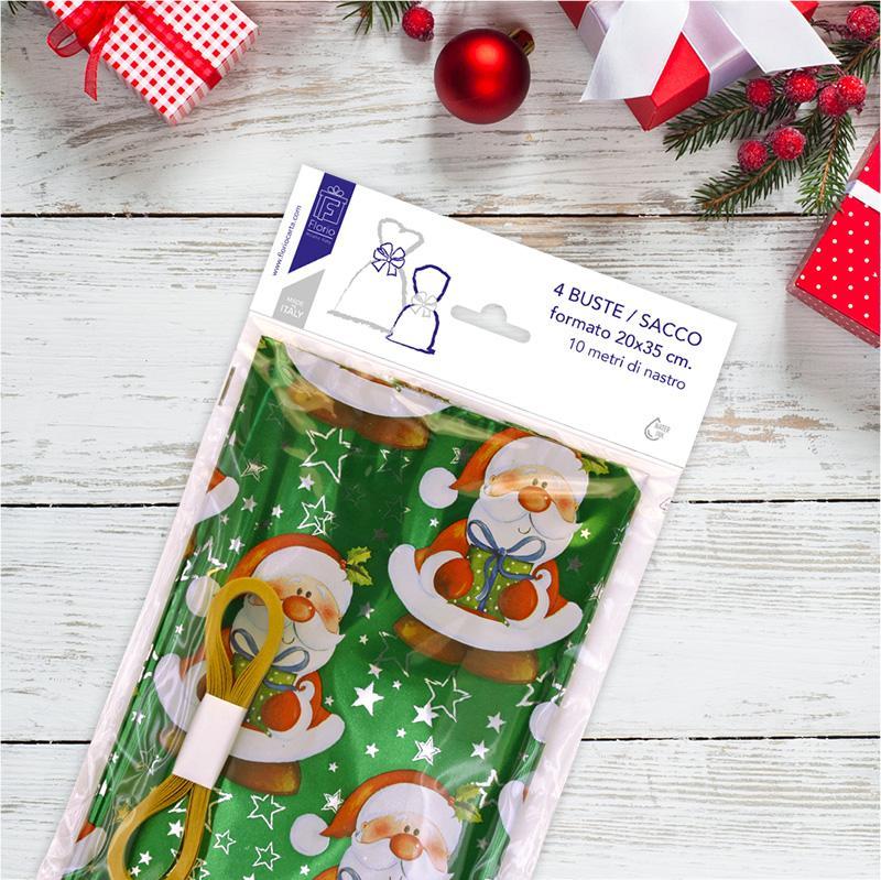 florio carta spa buste regalo natalizie 4pz in ppl a sacco 20x35 cm+1 matassina nastro da 10mt - foto 1