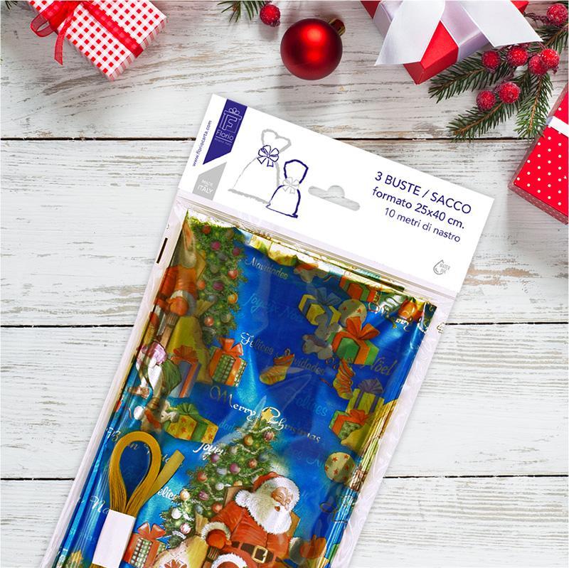 florio carta spa buste regalo natalizie 3pz in ppl a sacco 25x40 cm+1 matassina nastro da 10mt - foto 1