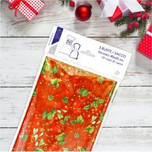 Buste regalo natalizie 3pz in ppl a sacco 45x65 cm+1 matassina nastro da 10mt