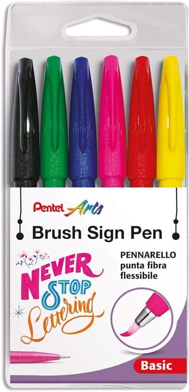 set pennarelli brush 6 colori base Pentel punta flessibile per lettering e disegno creativo