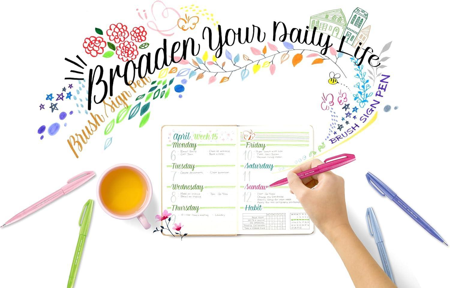 esempio di utilizzo pennarelli brush Pentel su agenda con lettering creativo e decorazioni colorate